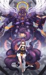  1girl absurdres bangs black_dress black_gloves blunt_bangs book breasts crossed_arms detached_sleeves dress gloves halo highres hololive hololive_english long_hair looking_at_viewer mecha mechanical_halo ninomae_ina&#039;nis pointy_ears purple_hair small_breasts smile solo syaha tentacle_hair tentacles thigh-highs virtual_youtuber 