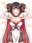  1girl alternate_breast_size anila_(granblue_fantasy) anila_(granblue_fantasy)_(cosplay) black_hair blush breasts cape cosplay curled_horns gloves granblue_fantasy horns large_breasts open_mouth red_eyes sheep_horns short_hair smile solo sweatdrop vikala_(granblue_fantasy) yakisobapan_tarou_&amp;_negitoro-ko 