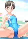  1girl absurdres aqua_swimsuit black_eyes black_hair blurry breasts collarbone competition_swimsuit depth_of_field glasses highres looking_at_viewer one-piece_swimsuit original short_hair sitting small_breasts solo spread_legs swimsuit takafumi 