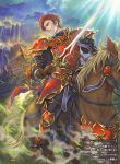  1boy cain_(fire_emblem:_shadow_dragon) castle fire_emblem fire_emblem:_mystery_of_the_emblem fire_emblem:_new_mystery_of_the_emblem fire_emblem:_shadow_dragon fire_emblem:_shadow_dragon_and_the_blade_of_light fire_emblem_cipher gold_trim horse official_art red_armor red_eyes redhead shiki_karuta sword weapon 