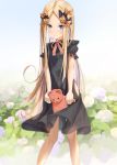  1girl abigail_williams_(fate/grand_order) bangs black_bow black_dress blonde_hair blue_eyes bow breasts closed_mouth dress fate/grand_order fate_(series) forehead hair_bow long_hair multiple_bows orange_bow parted_bangs polka_dot polka_dot_bow ribbed_dress sakazakinchan sleeves_past_fingers sleeves_past_wrists small_breasts smile stuffed_animal stuffed_toy teddy_bear 