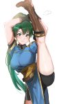  1girl asymmetrical_bangs bangs belt black_shorts blue_dress blush boots breasts brown_footwear closed_mouth dress earrings fire_emblem fire_emblem:_the_blazing_blade green_eyes green_hair high_ponytail highres jewelry knee_boots large_breasts leg_lift leg_up long_hair looking_at_viewer lyn_(fire_emblem) ormille pelvic_curtain ponytail sash short_sleeves shorts simple_background smile split standing standing_on_one_leg standing_split thighs white_background 