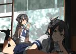  2girls animal annin_musou apron bandana bangs black_hair black_legwear blue_sailor_collar blue_serafuku blue_skirt brown_shawl cat commentary_request green_eyes hair_between_eyes hair_flaps hair_ornament hairclip headgear i-47_(kantai_collection) jingei_(kantai_collection) kantai_collection long_hair looking_at_viewer lying multiple_girls neckerchief on_stomach open_mouth pleated_skirt red_eyes sailor_collar sailor_shirt school_uniform serafuku shawl shirt skirt smile socks waist_apron white_apron white_neckwear 