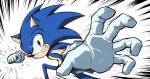  1boy animal_nose blurry depth_of_field english_commentary gloves green_eyes grin incoming_attack incoming_punch looking_at_viewer male_focus meme pov ryan_(ritenichi) smile solo sonic sonic_the_hedgehog speed_lines super_smash_bros. white_gloves 