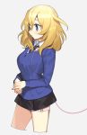  1girl black_skirt blonde_hair blue_eyes collar dog_collar girls_und_panzer grey_background looking_down medium_hair miniskirt oshida_(girls_und_panzer) school_uniform skirt solo tan3charge thigh_strap 