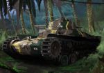  artist_name bush caterpillar_tracks clouds commentary_request day emblem forest ground_vehicle harumiya_hiro highres imperial_japanese_army japanese_flag military military_vehicle motor_vehicle nature no_humans original palm_leaf palm_tree tank tree type_97_chi-ha wood 