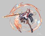  1girl animal_ears arknights bag black_jacket blue_eyes brown_hair cross cross_hair_ornament fingernails fire flaming_sword flaming_weapon fox grey_background hair_ornament highres holding holding_sword holding_weapon jacket long_hair mask mek mouth_mask open_clothes open_jacket original pantyhose red_nails signature simple_background solo sparkle standing sword tail weapon 