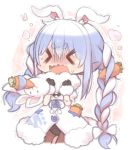  1girl 1other animal_ears bangs black_gloves black_leotard blue_hair blush bow braid carrot carrot_hair_ornament chibi closed_eyes coat commentary d: don-chan_(usada_pekora) eyebrows_visible_through_hair food_themed_hair_ornament fur-trimmed_coat fur-trimmed_gloves fur_trim furrowed_eyebrows gloves hair_ornament hands_up hololive kuro_(kuroneko_no_kanzume) leotard long_hair open_mouth pantyhose print_coat rabbit_ears rabbit_girl revision shaded_face short_eyebrows strangling sweat thick_eyebrows trembling twin_braids twintails usada_pekora virtual_youtuber wavy_mouth white_coat 