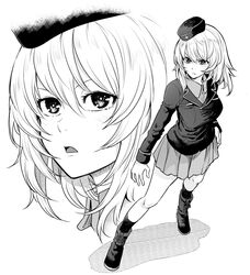  1girl ankle_boots bangs bonkara_(sokuseki_maou) boots closed_mouth commentary dress_shirt frown garrison_cap girls_und_panzer greyscale hand_on_hip hat highres insignia itsumi_erika jacket kuromorimine_military_uniform long_sleeves looking_at_viewer medium_hair military military_hat military_uniform miniskirt monochrome multiple_views open_mouth pleated_skirt shadow shirt skirt socks standing uniform wing_collar 