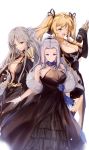  3girls absurdres alcohol azur_lane bare_shoulders black_cape black_dress black_gloves black_skirt blonde_hair bottle breasts cape center_opening champagne cleavage_cutout clothing_cutout criss-cross_halter dress dress_flower elbow_gloves enterprise_(azur_lane) enterprise_(heroic_finery)_(azur_lane) evening_gown feather_boa feathers fingerless_gloves gloves green_eyes grey_hair hair_feathers halter_dress halterneck highres holding holding_bottle holding_purse hornet_(azur_lane) hornet_(bubbly_anniversary!)_(azur_lane) jewelry large_breasts light_purple_eyes light_purple_hair long_dress long_sleeves looking_at_viewer multiple_girls necklace see-through shika_(shika0) simple_background skirt twintails violet_eyes white_gloves yorktown_(azur_lane) yorktown_(evening_i_can&#039;t_remember)_(azur_lane) 