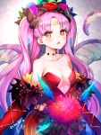  1girl bangs bare_shoulders blush breasts collarbone commentary_request dated dress facial_mark fate/grand_order fate_(series) flower forehead_mark hair_flower hair_ornament holding horns ishtar_(fate)_(all) long_hair long_sleeves looking_at_viewer medium_breasts multicolored multicolored_eyes multicolored_hair open_mouth parted_bangs pilokey pink_flower pink_hair purple_flower purple_hair red_flower signature solo space_ishtar_(fate) strapless two-tone_hair two_side_up upper_body upper_teeth very_long_hair wings 
