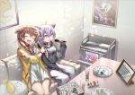  2girls :d absurdres animal_ears braid brown_hair cat_ears closed_eyes collar couch dog_ears highres hololive huge_filesize indoors inugami_korone jacket karaoke long_sleeves multiple_girls music nekomata_okayu open_mouth pants purple_hair sidelocks singing sitting smile sweatpants sweatshirt thighs twintails violet_eyes youyouyou_1211 