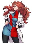  1girl android_21 breasts checkered checkered_dress dragon_ball dragon_ball_fighterz dress earrings hands_on_hips hoop_earrings jewelry kemachiku labcoat long_hair looking_at_viewer medium_breasts red_eyes redhead simple_background solo standing white_background 