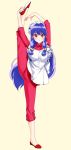  1girl artist_request blue_hair character_request chinese_clothes full_body highres long_hair looking_at_viewer original red_eyes simple_background split standing standing_on_one_leg standing_split tagme 