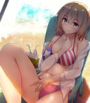  american_flag_bikini bare_legs beach beach_chair beach_umbrella bendy_straw bikini blonde_hair breasts closed_mouth coconut collarbone commentary_request dermar drinking_straw eyebrows_visible_through_hair feet_out_of_frame flag_print green_eyes highres kanojo_okarishimasu looking_at_viewer medium_breasts nanami_mami navel red_bikini see-through shirt short_hair signature simple_background sitting smile solo sparkle swimsuit thighs umbrella white_shirt 