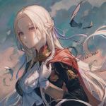  1girl bangs breasts capelet closed_mouth clouds cloudy_sky day edelgard_von_hresvelg expressionless feathers fire_emblem fire_emblem:_three_houses forehead garreg_mach_monastery_uniform gloves hair_ribbon highres lips long_hair looking_at_viewer maccha_(mochancc) medium_breasts outdoors parted_bangs red_capelet ribbon signature silver_hair sky solo straight_hair uniform upper_body violet_eyes white_gloves 