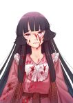  1girl absurdres black_hair blood blood_on_face blood_stain bloody_clothes frills highres hime_cut houraisan_kaguya japanese_clothes kawayabug kimono long_hair pink_eyes pink_kimono ribbon simple_background touhou upper_body very_long_hair white_background white_ribbon 