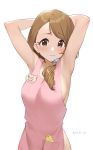  1girl absurdres armpits arms_behind_head bird blush brown_eyes brown_hair chick collarbone copyright_request cowboy_shot dated eyebrows_visible_through_hair hair_over_shoulder highres lips looking_at_viewer onao simple_background white_background 