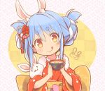  1girl 1other :3 :q animal_ear_fluff animal_ears bangs blue_hair blush bowl braid braided_bun commentary_request don-chan_(usada_pekora) double_bun eyebrows_visible_through_hair eyes_visible_through_hair flower food food_themed_hair_ornament hair_between_eyes hair_ornament hair_rings holding holding_bowl hololive japanese_clothes kimono kuro_(kuroneko_no_kanzume) long_hair looking_at_viewer new_year obi official_alternate_costume orange_eyes patterned_background print_kimono rabbit rabbit_ears rabbit_girl red_kimono sash sidelocks smile symbol-shaped_pupils tongue tongue_out upper_body usada_pekora virtual_youtuber zouni_soup 