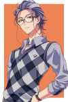  1boy argyle argyle_sweater closed_mouth collared_shirt commentary_request eyewear_strap glasses grey_shirt hand_on_hip highres hypnosis_mic jewelry looking_at_viewer male_focus multicolored_hair necklace red_eyes round_eyewear sayshownen serious shirt short_hair sleeveless_sweater solo streaked_hair sweater tsutsujimori_roshou twitter_username upper_body watch watch watermark 