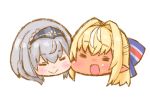  2girls :&gt; :d =_= bangs blonde_hair blush_stickers braid cheek-to-cheek commentary_request couple crossed_bangs dark_skin diadem disconnected_mouth dot_nose eyebrows_visible_through_hair floating_head grey_hair hair_between_eyes hair_intakes hololive long_hair multicolored_hair multiple_girls nekoyama open_mouth shiranui_flare shirogane_noel short_hair sidelocks simple_background smile streaked_hair virtual_youtuber white_background 