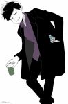  1boy alternate_costume black_suit clenched_teeth coffee_cup cup disposable_cup formal himoshiki hunched_over looking_at_viewer male_focus matsuno_ichimatsu osomatsu-san purple_shirt shirt smile suit teeth 