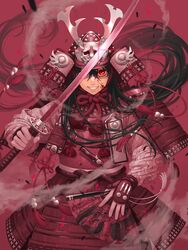  armor blood blood_splatter fan gloves grin hair_between_eyes helmet highres holding holding_fan holding_sword holding_weapon japanese_armor long_sleeves looking_at_viewer minami_(minami373916) one_eye_covered original red_background red_eyes red_theme rope samurai smile sword tassel upper_body weapon 