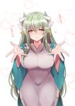  1girl aqua_hair aqua_kimono breasts dragon_girl dragon_horns fate/grand_order fate_(series) gold_trim heart horns japanese_clothes kappougi kimono kiyohime_(fate/grand_order) large_breasts mamemix multiple_horns solo thigh-highs white_legwear wide_sleeves yellow_eyes 