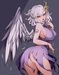  1girl absurdres angel_wings ass bangle bangs blush bracelet braid breasts dress earrings eyebrows_visible_through_hair hair_ornament highres jewelry kishin_sagume large_breasts looking_at_viewer looking_back no_panties pendant pointy_ears purple_dress raptor7 red_eyes ring saliva short_hair sideboob single_wing sleeveless sleeveless_dress solo tattoo tongue tongue_out tongue_tattoo touhou twisted_torso white_hair wings 