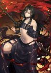  1boy bare_shoulders black_hair choker fingerless_gloves gloves guilty_gear guilty_gear_xx kyo_niku long_hair looking_at_viewer midriff red_eyes scythe testament_(guilty_gear) thigh_strap 