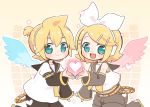  1boy 1girl angel_wings aqua_eyes arm_warmers bangs bare_shoulders black_collar black_shorts blonde_hair blue_wings bow chibi collar commentary crop_top grey_collar grey_shorts hair_bow hair_ornament hairclip headphones heart holding kagamine_len kagamine_rin looking_at_viewer najo neckerchief necktie open_mouth red_wings sailor_collar school_uniform shirt short_hair short_ponytail short_shorts short_sleeves shorts shoulder_tattoo sleeveless sleeveless_shirt smile spiky_hair swept_bangs symmetry tattoo upper_body vocaloid white_bow white_shirt wings yellow_background yellow_nails yellow_neckwear 