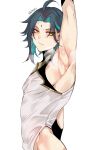  1boy ahoge arm_up armpits bangs black_hair closed_mouth english_commentary eyebrows_visible_through_hair eyes_visible_through_hair facial_mark forehead_mark from_side genshin_impact green_hair highres long_hair male_focus multicolored_hair simple_background slit_pupils solo steam steaming_body sushisalmon95 sweat two-tone_hair white_background xiao_(genshin_impact) yellow_eyes 