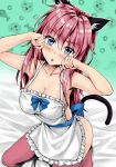  1girl animal_ears apron bed_sheet blush breasts cat_girl colorized hair_between_eyes highres kneeling kotatsu_(kotatsu358) linlith_(ososugita_isekai_tensei) naked_apron ososugita_isekai_tensei paw_pose pink_hair satansoft1 self_upload tail thigh-highs 