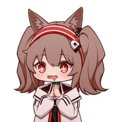  +_+ 1girl :3 animal_ear_fluff black_shirt blush brown_hair chibi closed_mouth coat collar drooling hairband hand_on_own_cheek hand_on_own_face hort_hair infection_monitor_(arknights) looking_at_viewer lxjun_09 no_gloves open_clothes open_coat open_mouth own_hands_together red_eyes red_hairband saliva shirt short_twintails simple_background smile solo sparkling_eyes twintails upper_body white_background white_coat 