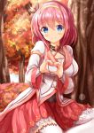  1girl autumn_leaves bangs blue_eyes blush breasts closed_mouth commentary_request eyebrows_visible_through_hair hair_between_eyes hairband hands_up heart heart_hands highres long_hair looking_at_viewer medium_breasts pink_hair pleated_skirt princess_connect! princess_connect!_re:dive red_skirt shirt skirt smile solo thigh-highs tree white_legwear white_shirt yellow_hairband yui_(princess_connect!) zenon_(for_achieve) 