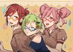  3girls :d :t blue-framed_eyewear blue_bow blue_eyes bow brown_eyes brown_shirt clothing_cutout dress_shirt from_side green_hair hair_bow highres kaname_buccaneer long_hair macross macross_delta makina_nakajima multiple_girls off_shoulder open_mouth orange-framed_eyewear pink_hair pointy_ears polka_dot polka_dot_background pote-mm red-framed_eyewear red_bow redhead reina_prowler semi-rimless_eyewear shiny shiny_hair shirt short_hair short_sleeves shoulder_cutout sketch smile tied_hair twintails under-rim_eyewear upper_body 