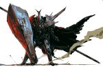 highres holding holding_shield holding_sword holding_weapon korean_commentary looking_at_viewer mecha no_humans original red_eyes shield siku199 solo standing sword weapon white_background 