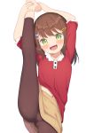  1girl :d arms_up bangs barefoot blush brown_hair brown_legwear brown_skirt eyebrows_visible_through_hair fangs green_eyes hair_ornament hairclip highres leg_up leggings long_hair looking_at_viewer midriff_peek muku_(muku-coffee) navel open_mouth original red_shirt shirt short_sleeves simple_background skirt smile solo split standing standing_on_one_leg standing_split white_background 