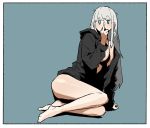  1girl arm_support bare_legs barefoot bikini black_bikini blank_eyes blue_background blue_eyes blush border breasts covered_mouth covering_mouth earrings gogalking grey_hair hand_over_own_mouth hand_up highres hood hood_down hooded_jacket hoop_earrings jacket jewelry jitome large_breasts long_hair long_sleeves looking_at_viewer middle_finger original simple_background sitting solo swimsuit white_border yokozuwari 