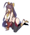  1girl ahoge all_fours bangs bare_shoulders black_legwear blazblue blue_hair boots breasts eyebrows_visible_through_hair fingerless_gloves gloves hair_between_eyes large_breasts long_hair mai_natsume open_mouth ponytail red_eyes ribbon roas01b sideboob solo thighs yellow_ribbon 