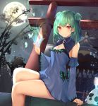  1girl absurdres blue_dress bow breasts brooch bug butterfly detached_sleeves double_bun dress eyebrows_visible_through_hair green_hair highres hololive huge_filesize insect jewelry long_sleeves looking_at_viewer moon necromancer night pagoda red_eyes rock shiina_aoi short_hair sitting skull sky small_breasts smile solo star_(sky) starry_sky tree uruha_rushia virtual_youtuber 