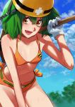  1girl :d absurdres bra breasts brown_eyes collarbone fang gloves green_hair helmet highres holding leaning_forward long_hair looking_at_viewer macross macross_frontier micro_shorts open_mouth orange_bra orange_shorts pote-mm ranka_lee shiny shiny_skin shorts small_breasts smile solo strap_gap sweat underwear white_gloves 