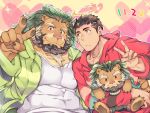  2boys alternate_costume animal_ears arsalan_(tokyo_houkago_summoners) bara beard black_hair blush brown_fur casual chest chest_hair collarbone couple covered_abs covered_navel facial_hair fingernails furry green_hair green_hoodie halo lion_boy lion_ears looking_at_another male_focus medium_hair multiple_boys muscle paws red_eyes red_hoodie sharp_fingernails short_hair smile stubble stuffed_animal stuffed_toy tokyo_houkago_summoners upper_body v yellow_eyes youzora_samo18 zabaniya_(tokyo_houkago_summoners) 