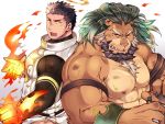  2boys abs animal_ears arsalan_(tokyo_houkago_summoners) back-to-back bara beard black_bodysuit black_hair bodysuit brown_eyes brown_fur chest chest_hair clothing_cutout couple embers facial_hair fighting_stance fingernails flaming_hand furry green_hair halo lion_boy lion_ears looking_at_viewer male_focus medium_hair multiple_boys muscle nipples open_mouth serious sharp_fingernails short_hair stubble thigh_cutout tokyo_houkago_summoners upper_body yellow_eyes youzora_samo18 zabaniya_(tokyo_houkago_summoners) 