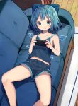  1girl absurdres alternate_costume bare_arms bare_legs bare_shoulders black_shorts blue_bow blue_eyes blue_hair bow camisole cirno closed_mouth collarbone contemporary couch from_above hair_bow highres ice ice_wings indoors light_smile lying mamemochi midriff navel nintendo_switch on_back short_hair shorts solo touhou wings wooden_floor 