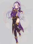  1girl belt boots cbc_p dress fingerless_gloves fire_emblem fire_emblem:_genealogy_of_the_holy_war full_body gloves hair_ornament jewelry long_hair open_mouth ponytail purple_hair smile solo solo_focus tailtiu_(fire_emblem) thigh-highs thighs violet_eyes 