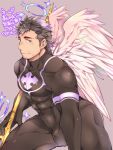  1boy angel angel_wings bara black_bodysuit black_hair bodysuit chest covered_abs covered_navel cowboy_shot facial_hair feathered_wings from_side halo highres looking_at_viewer male_focus manly muscle nether_angel_(tokyo_houkago_summoners) pink_wings polearm short_hair simple_background solo stubble tokyo_houkago_summoners translation_request violet_eyes weapon wings youzora_samo18 