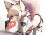  1girl absurdres animal_ears animal_nose arknights bangs bent_over black_gloves blonde_hair blunt_bangs blush eyebrows_visible_through_hair fur furrification furry gloves highres looking_at_viewer pillow platinum_(arknights) short_hair simple_background solo tab_head tail thigh-highs white_background yellow_eyes 