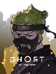  bandana commentary crossover english_commentary english_text ghost_of_tsushima green_hair headband highres mask mouth_mask one_eye_closed one_piece portrait roronoa_zoro sakai_jin sanpaku scar scar_across_eye ssambatea topknot 