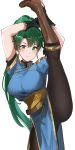  1girl absurdres asymmetrical_bangs bangs belt black_pants blue_dress blush boots breasts brown_footwear closed_mouth dress earrings fire_emblem fire_emblem:_the_blazing_blade green_eyes green_hair high_ponytail highres jewelry knee_boots large_breasts leg_lift leg_up long_hair looking_at_viewer lyn_(fire_emblem) ormille pants pelvic_curtain ponytail sash short_sleeves simple_background smile split standing standing_on_one_leg standing_split thighs white_background 